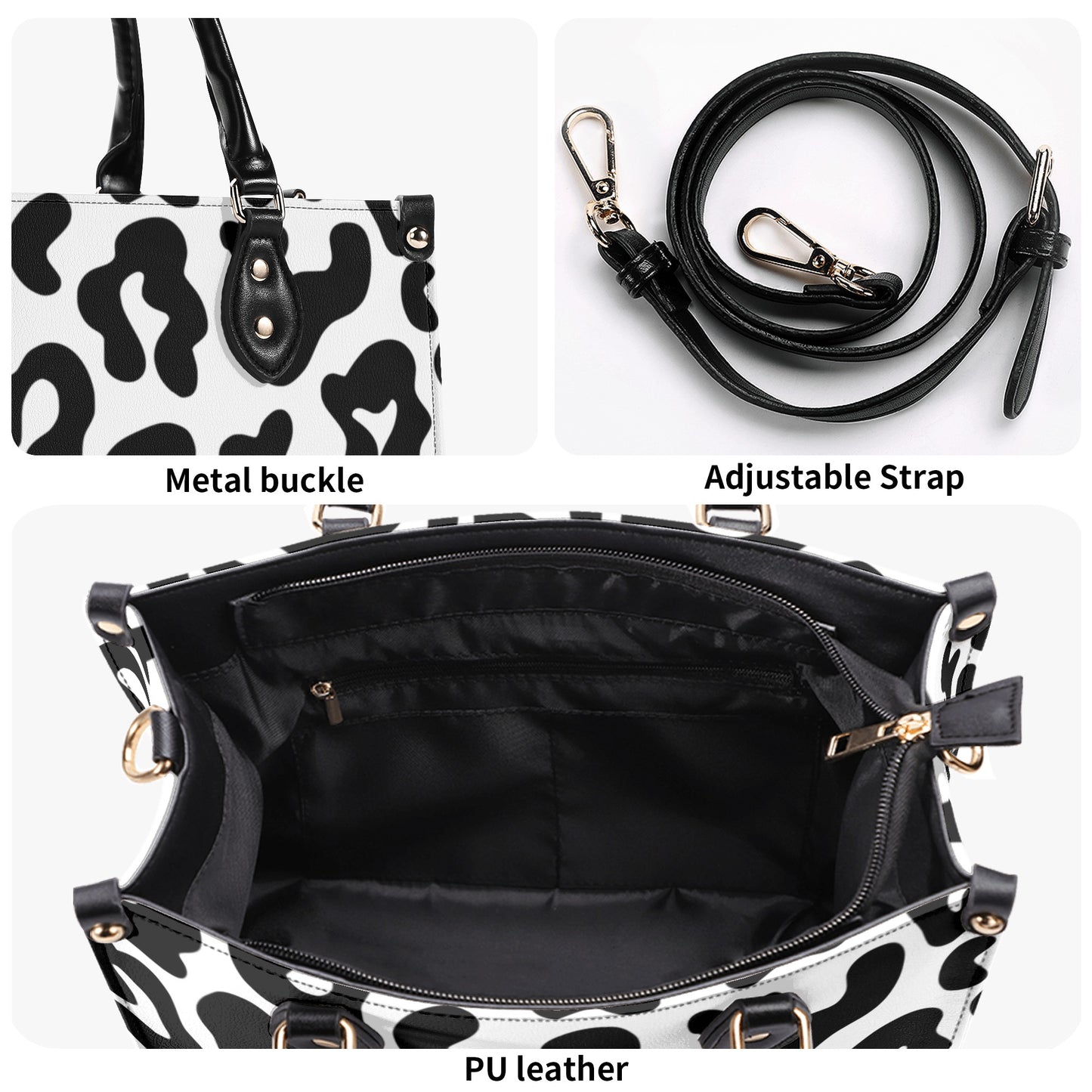 Luxury Women Leather Handbag black and white animal print design