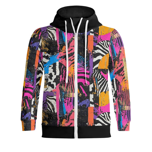 Retro Wild Turtleneck Full Zip Hoodie – Colorful Animal Print Pullover for Adults