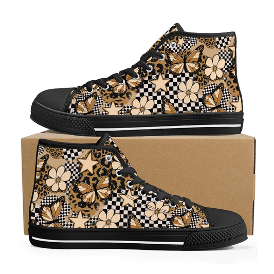 Savage Flutter Fashion Sneakers – Butterfly Leopard Print High Top Canvas Shoes for Women