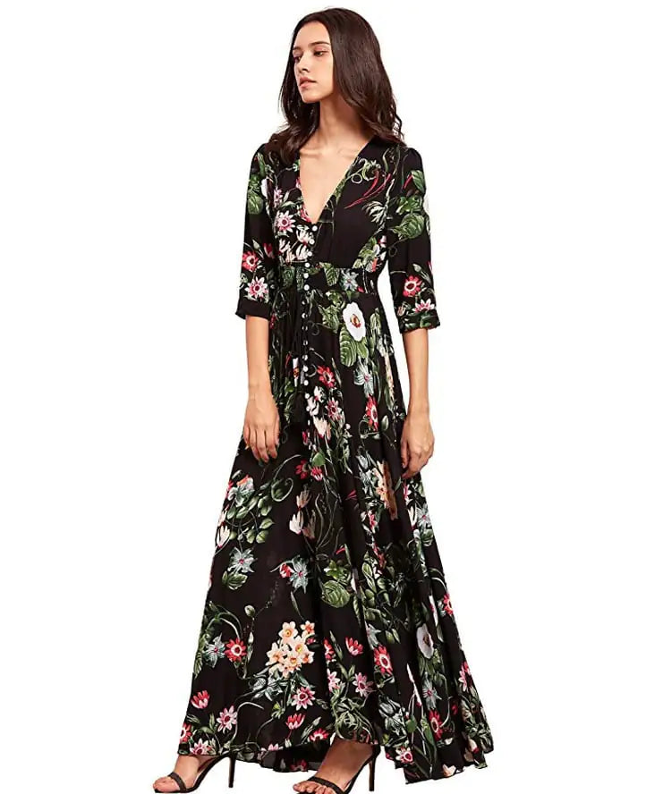 Bohemian Floral Button-Up Maxi Dress