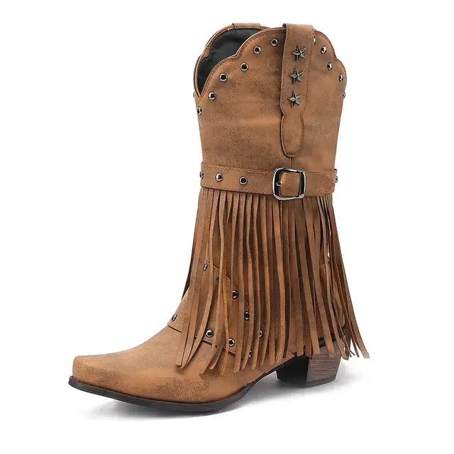 Women Vintage Ethnic Western Cowboy Boots Rivets 5cm Block Heel Boot Tassel Fringe Booties