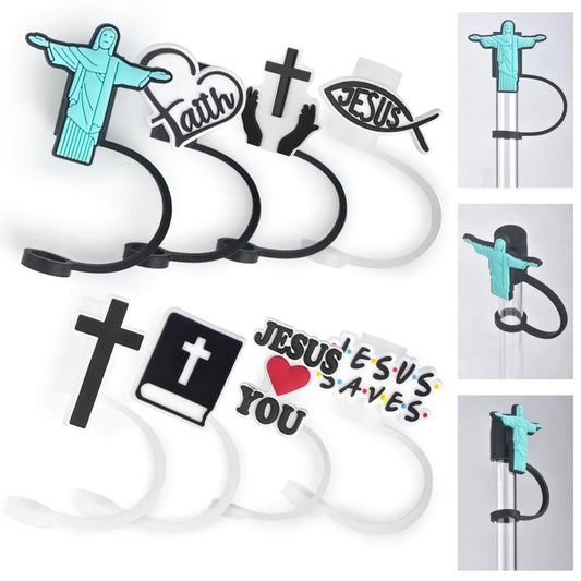 Silicone Jesus Straw Covers Cap 8 Pcs 8 mm Straws Dust Proof Tips Lids Cartoon Straw Topper Compatible with Stanley Cup 30&40 Oz Straws