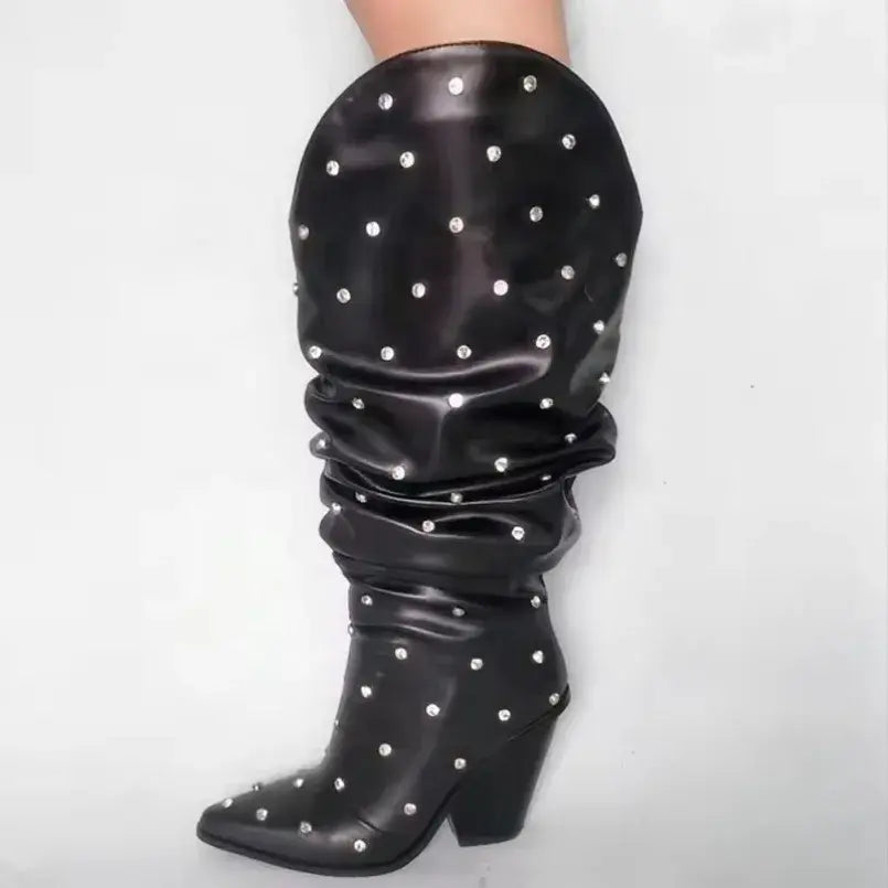 Fancy Swing Pleated Upper Long Cowboy Boots with Rhinestone