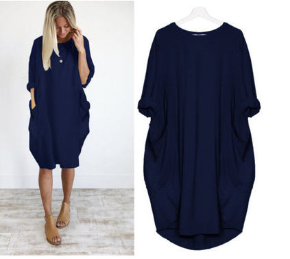 Chic Solid Round Neck Pocket Dress
