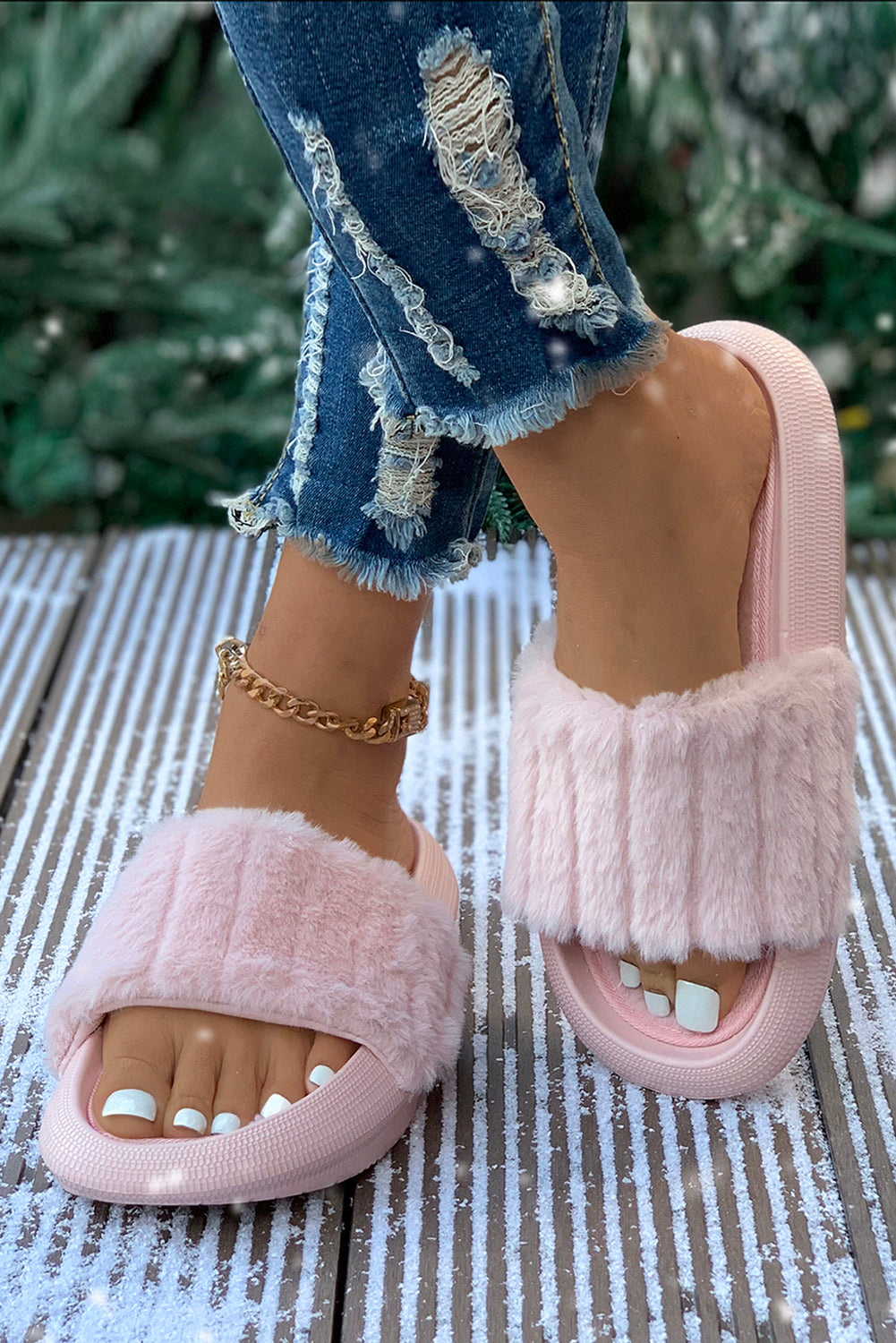 Pink Comfy Plush Band Open Toe Slippers
