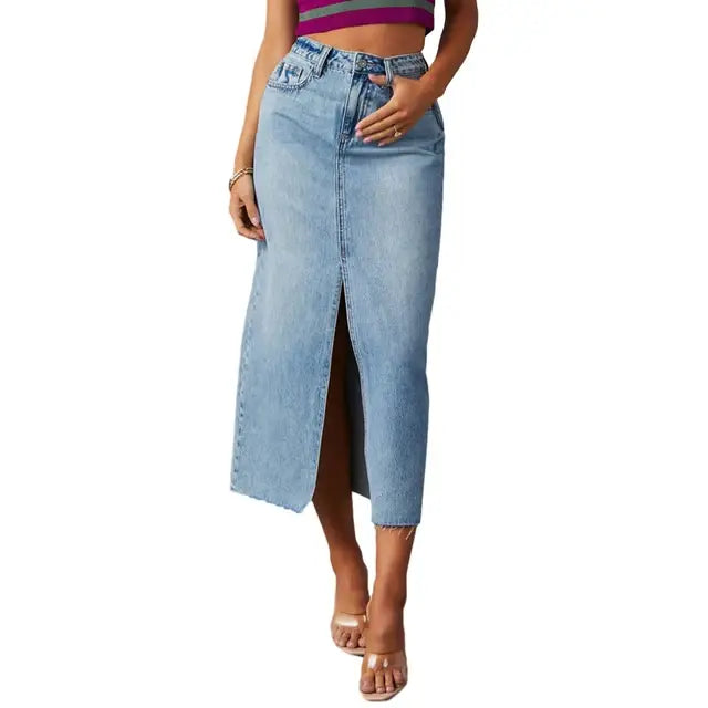 Women High Waist Long Denim Skirt with Slit and Pockets