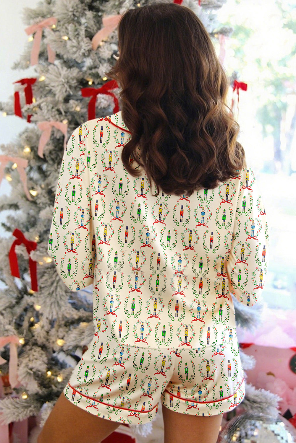 Beige Nutcracker Print Contrast Trim Bowknot 2pcs Pajama Set