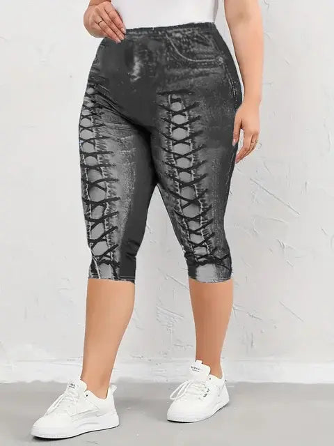 Plus size Four Seasons New Fashionable and Elegant Digital Printing 3D Imitation Denim Women's Middle Pants