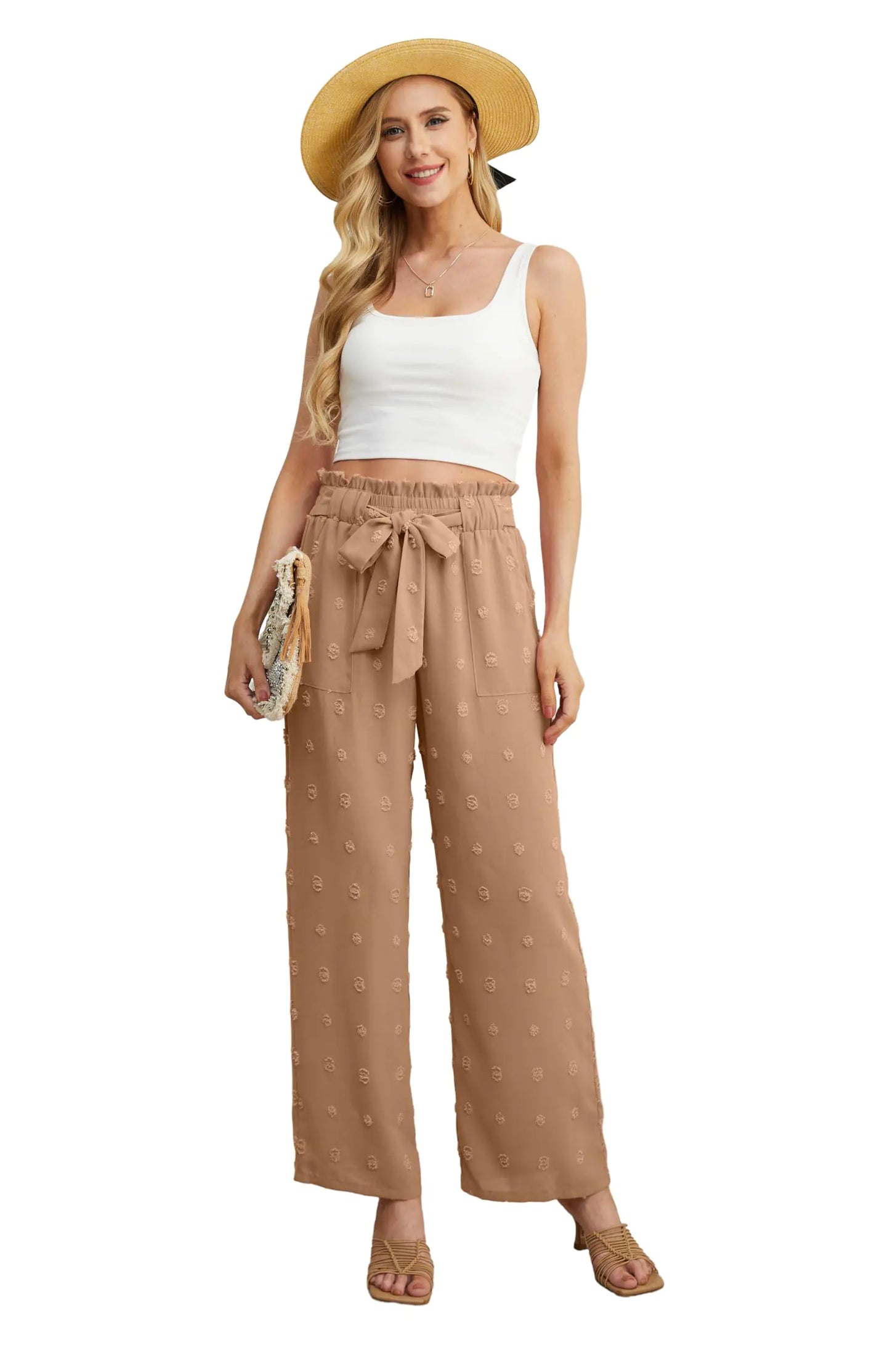 OLRIK Women's Casual Plus Size Pants High Waisted Self-tie Belted Lounge Pants Straight Long Trousers with Pockets 3X Th Khaki