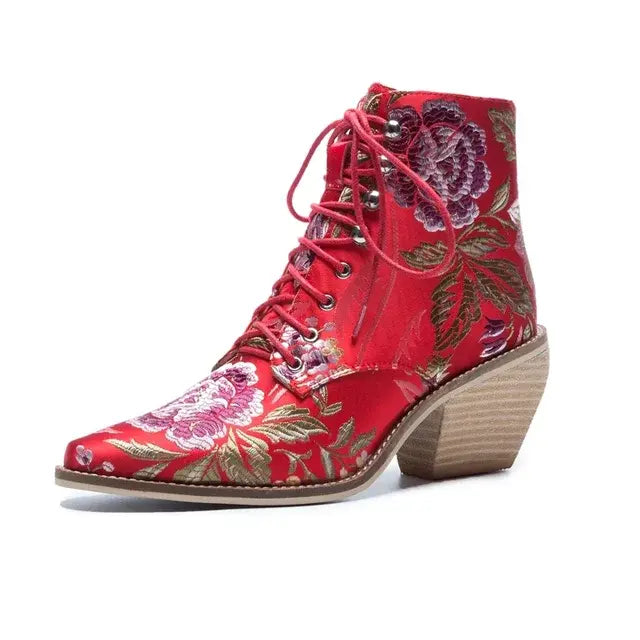 Women's Victorian Embroidered Flowers Blue Boots