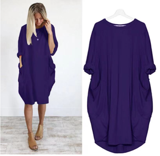 Chic Solid Round Neck Pocket Dress