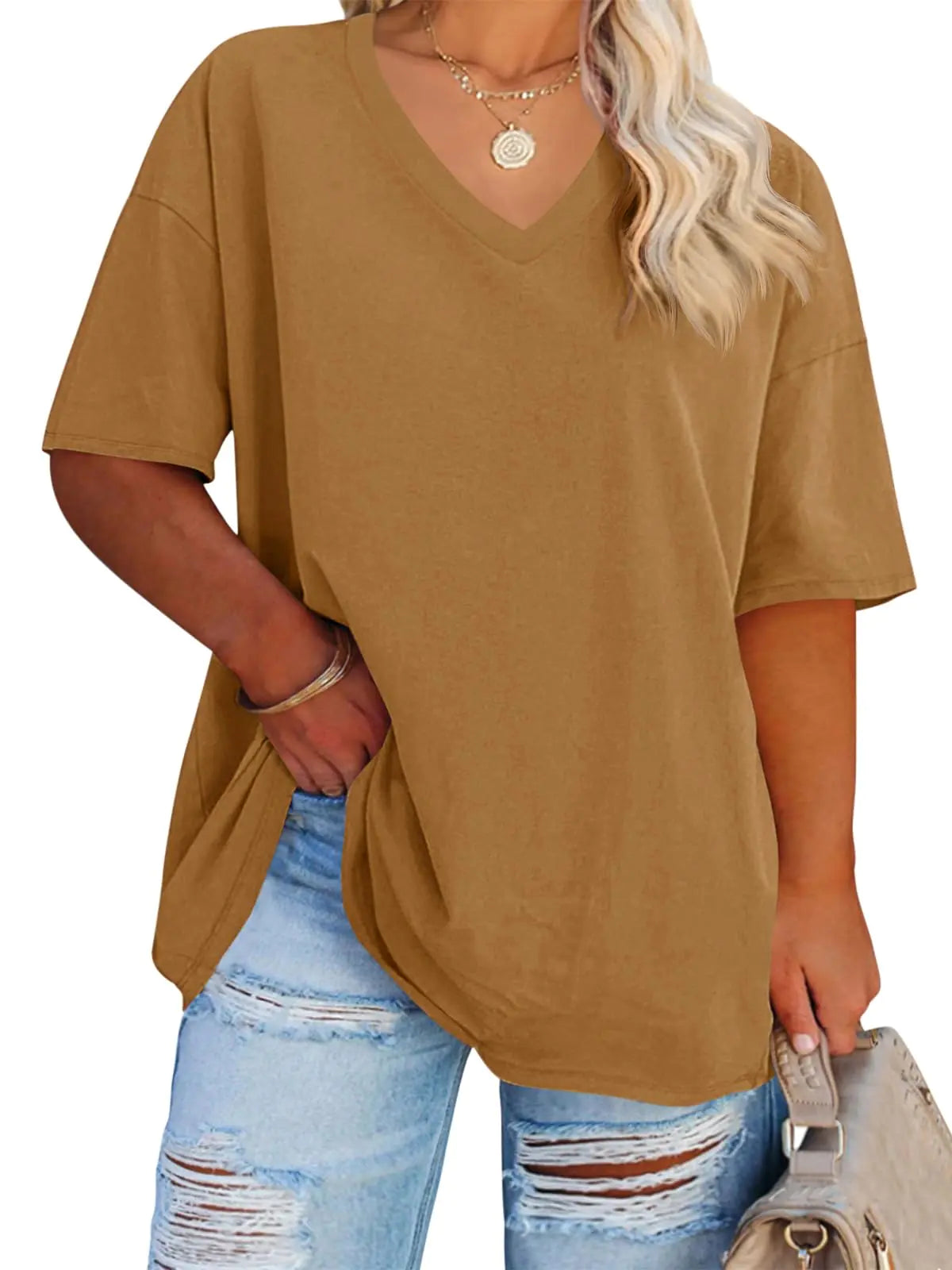 Women's Plus Size V Neck T Shirts Summer Half Sleeve Tees Casual Loose Fit Cotton Tunic Tops XX-Large Plus Khaki