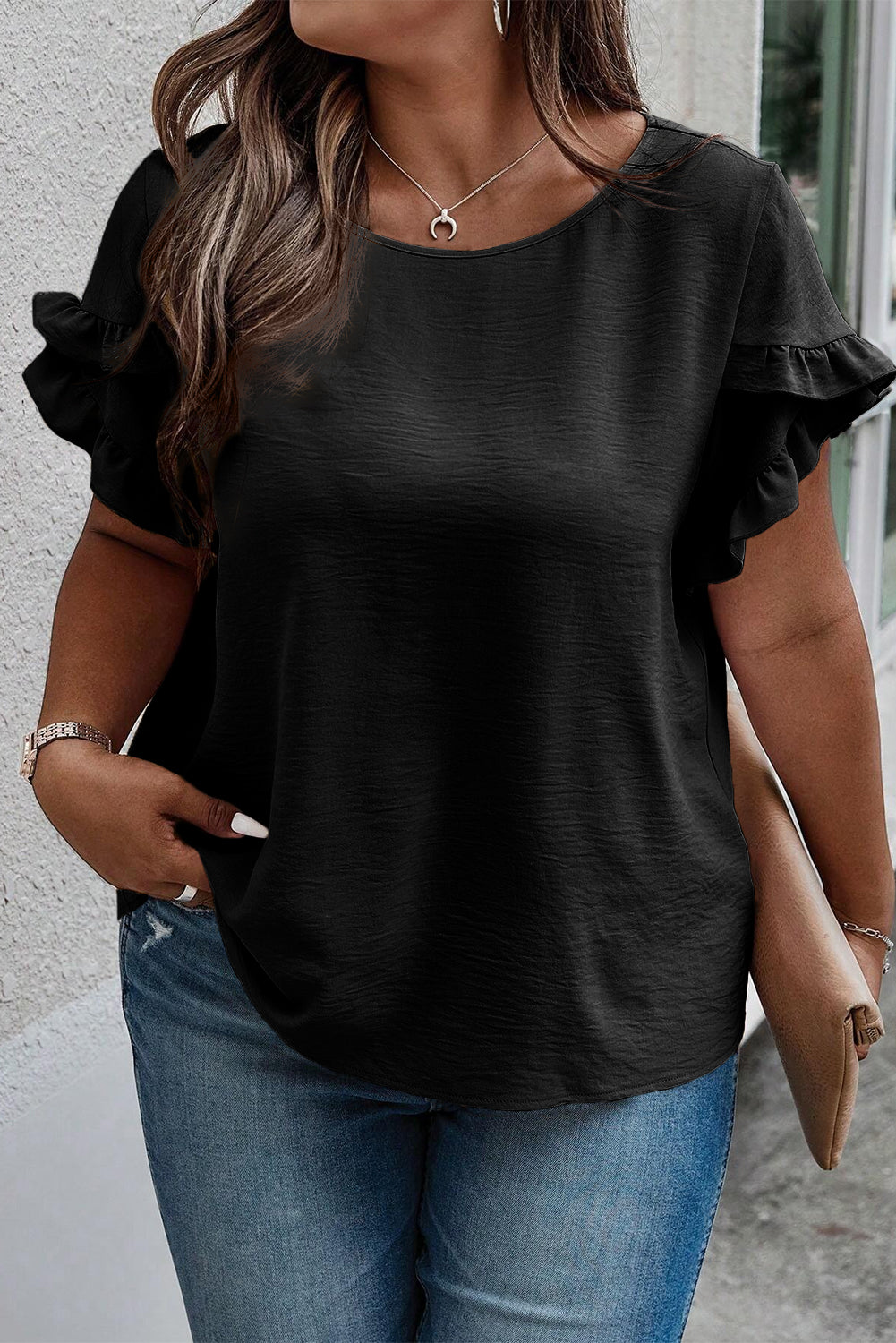 Light French Beige Ruffled Short Sleeve Plus Size Top