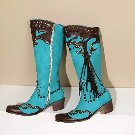 Handmade Chunky Heel Tassel Boots - Blue Cowboy Style