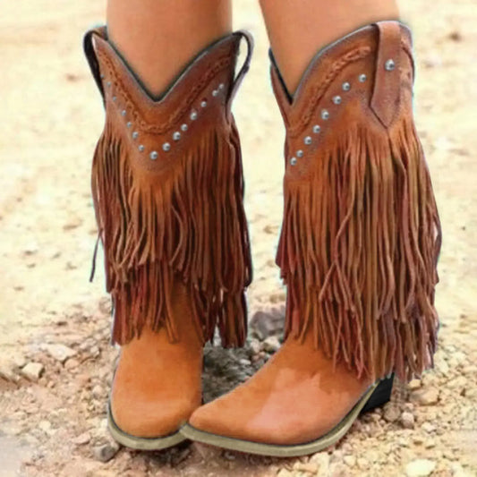 Vintage Tassel Mid-Calf Cowboy Boots for Women