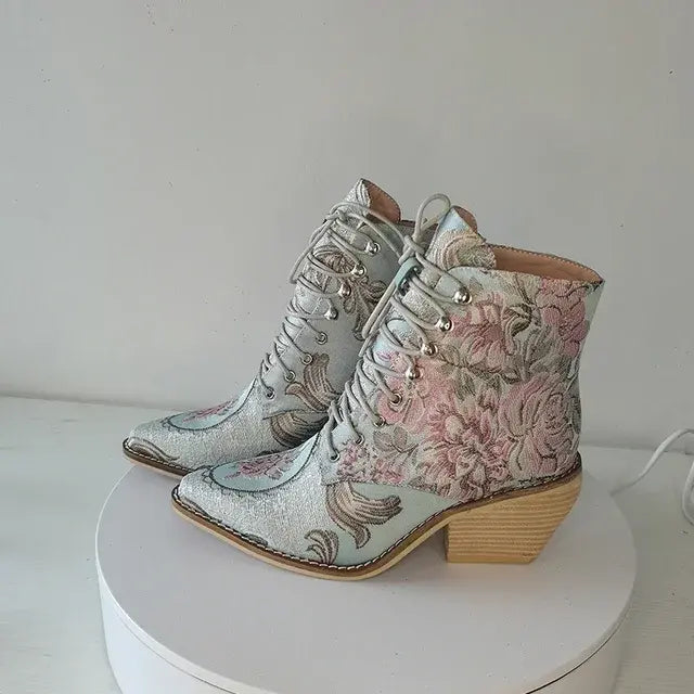 Women's Victorian Embroidered Flowers Blue Boots