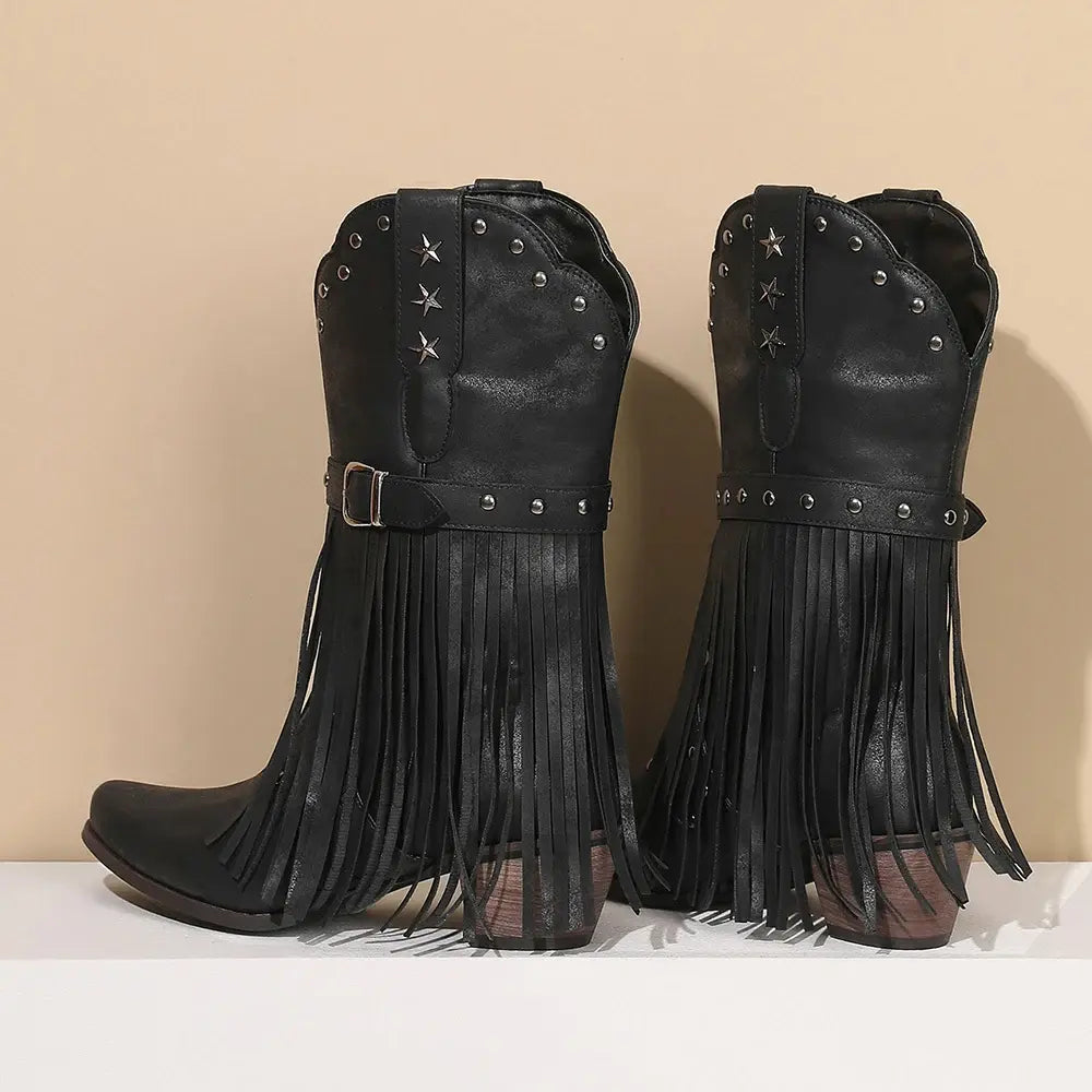 Women Vintage Ethnic Western Cowboy Boots Rivets 5cm Block Heel Boot Tassel Fringe Booties