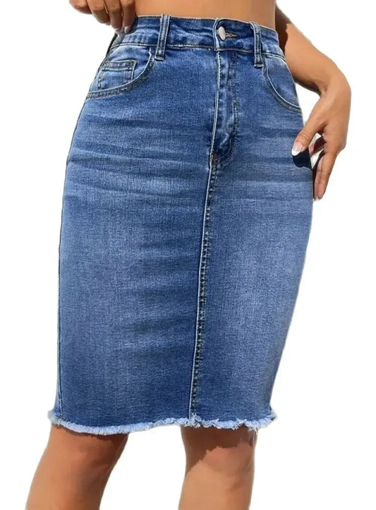 Summer New High Elastic Raw Edge Denim Skirt for Women