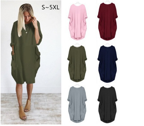 Chic Solid Round Neck Pocket Dress