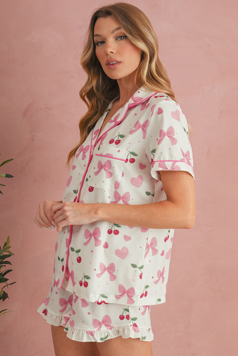 Pink Polka Dot and Bow Print Ruffle Hem Shorts Pajama Set