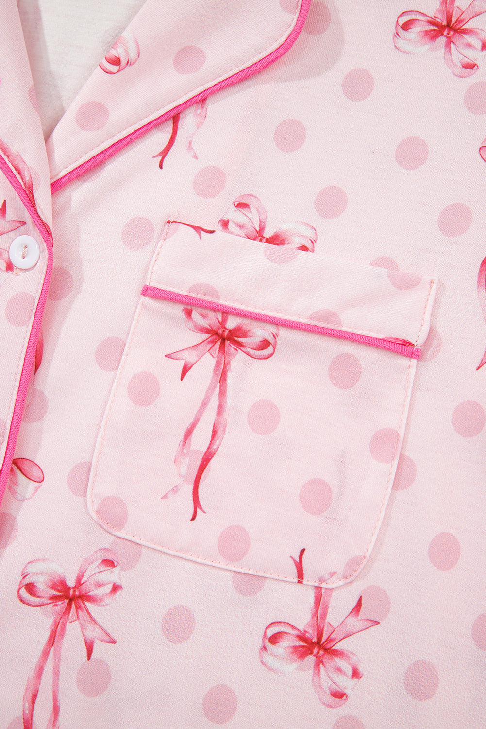 Pink Polka Dot and Bow Print Ruffle Hem Shorts Pajama Set