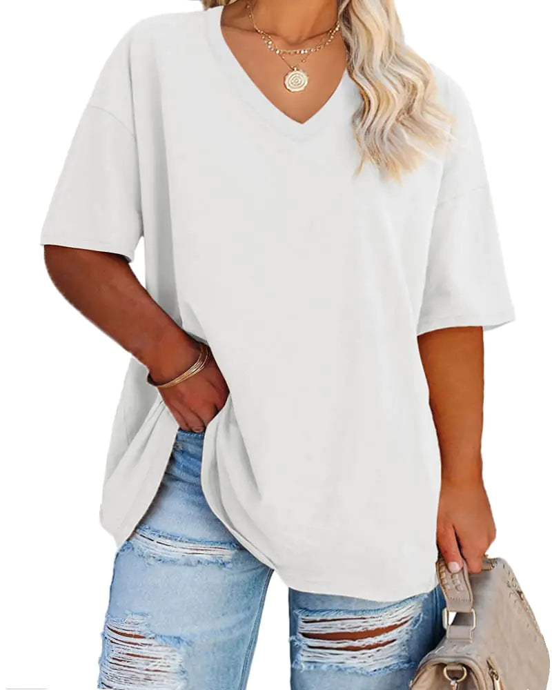 Women's Plus Size V Neck T Shirts Summer Half Sleeve Tees Casual Loose Fit Cotton Tunic Tops XX-Large Plus Khaki