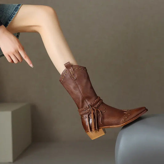 MoonMeek 2024 Retro Tassel Genuine Leather Western Ankle Boots