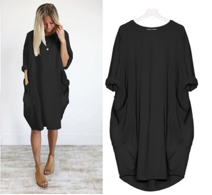 Chic Solid Round Neck Pocket Dress