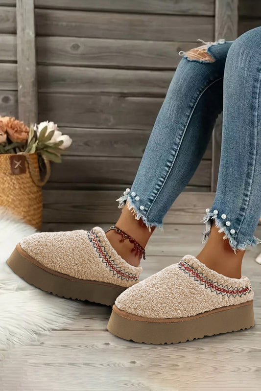 White Suede Contrast Print Plush Thick Sole Snow Boots