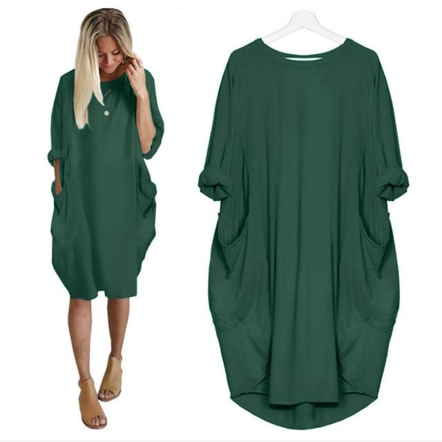 Chic Solid Round Neck Pocket Dress