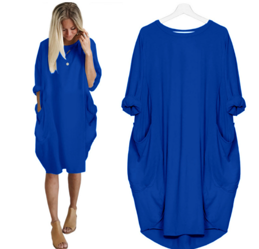 Chic Solid Round Neck Pocket Dress