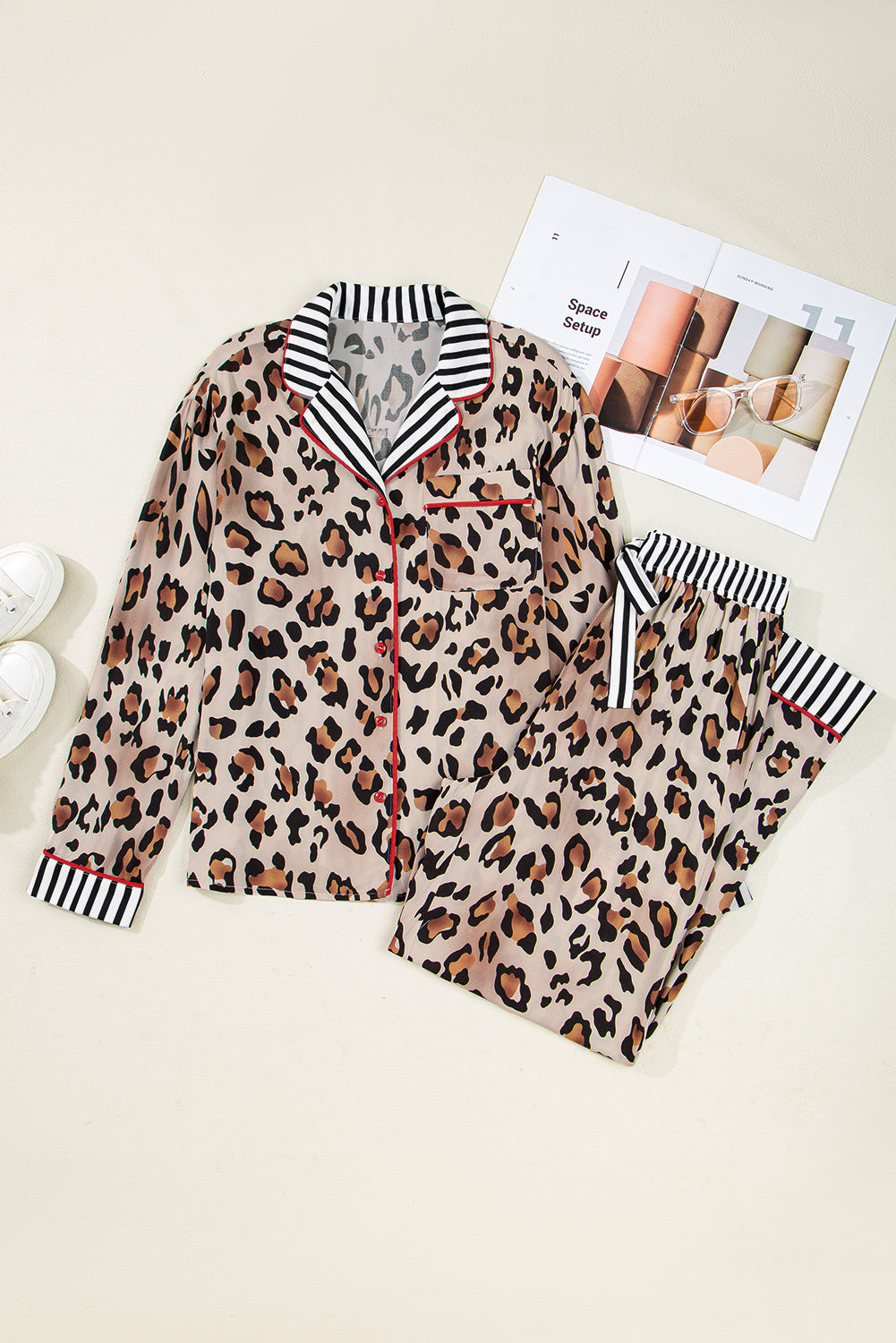 Khaki Leopard Print Colorblock Striped Patchwork Shirt and Pants Pajama Set