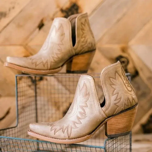 Women Embroidered Slip On Cowgirl Boots Chunky Heels