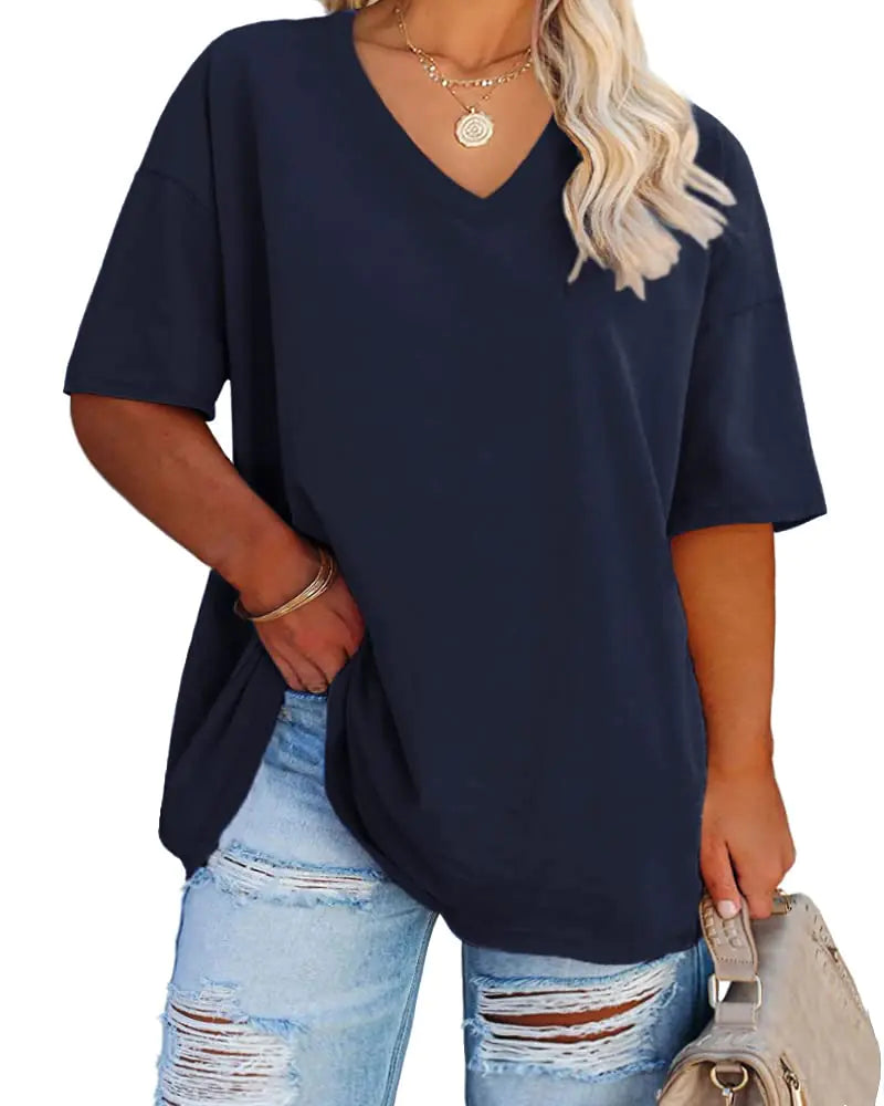 Women's Plus Size V Neck T Shirts Summer Half Sleeve Tees Casual Loose Fit Cotton Tunic Tops XX-Large Plus Khaki