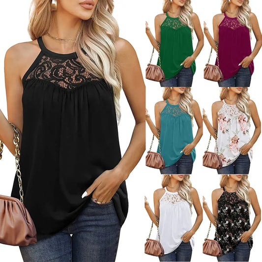 Women's Sleeveless Loose Fit Tank Tops with Lace Halter Top