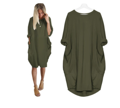 Chic Solid Round Neck Pocket Dress