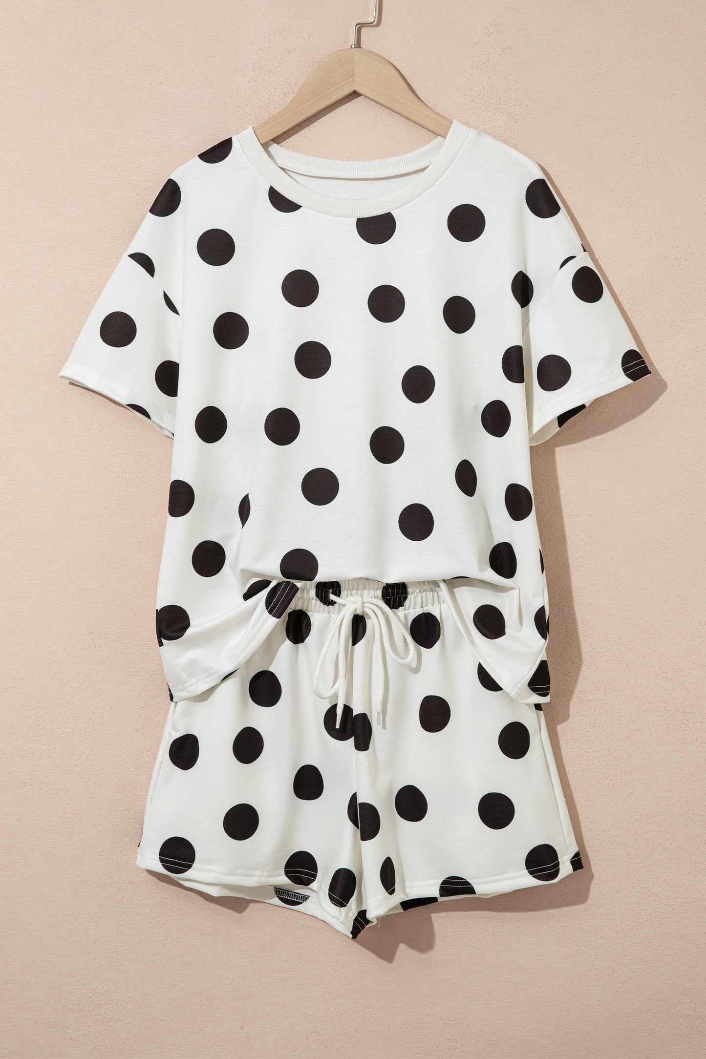 Pink Polka Dot Print Loose Tee Drawstring Elastic Waist Short Set