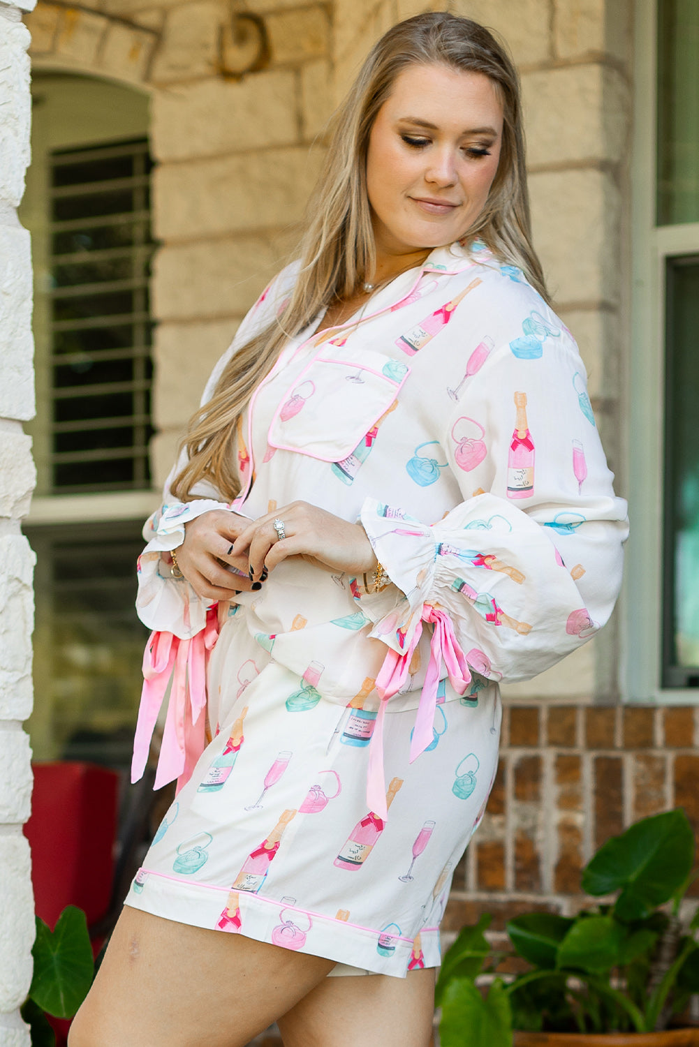White Wine Glass Print Ribbon Bow Decor Plus Size Pajama Set