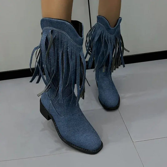 Women's Denim Mid-Calf Boots with Tassels