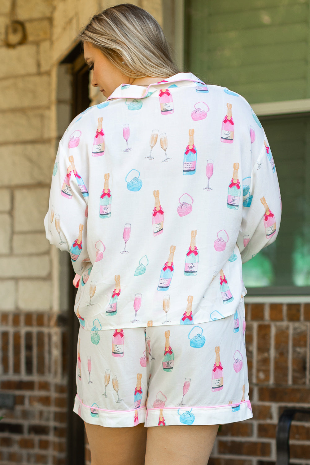 White Wine Glass Print Ribbon Bow Decor Plus Size Pajama Set