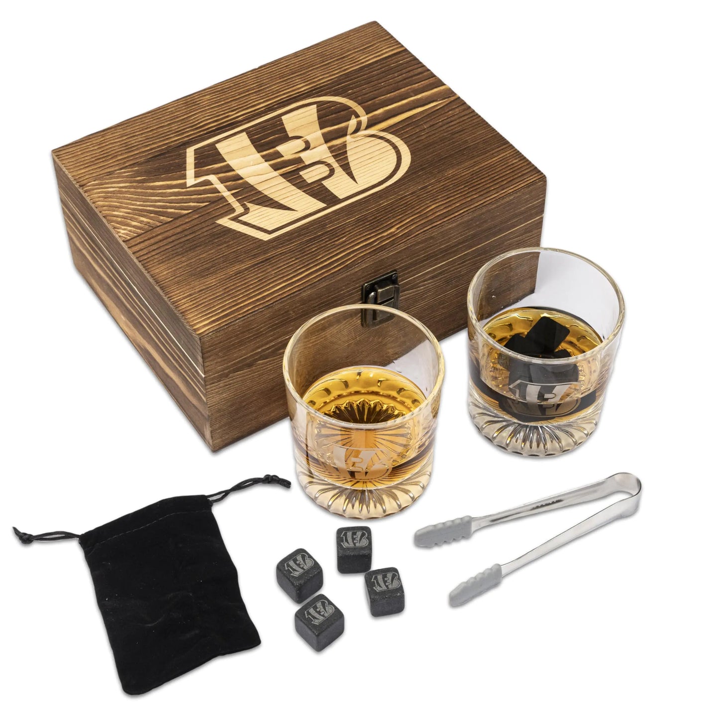 The Memory Company Officially Licensed NFL Wood Boxed Drinkware Set with 2 Rocks Glasses and Cooling Cubes Cincinnati Bengals