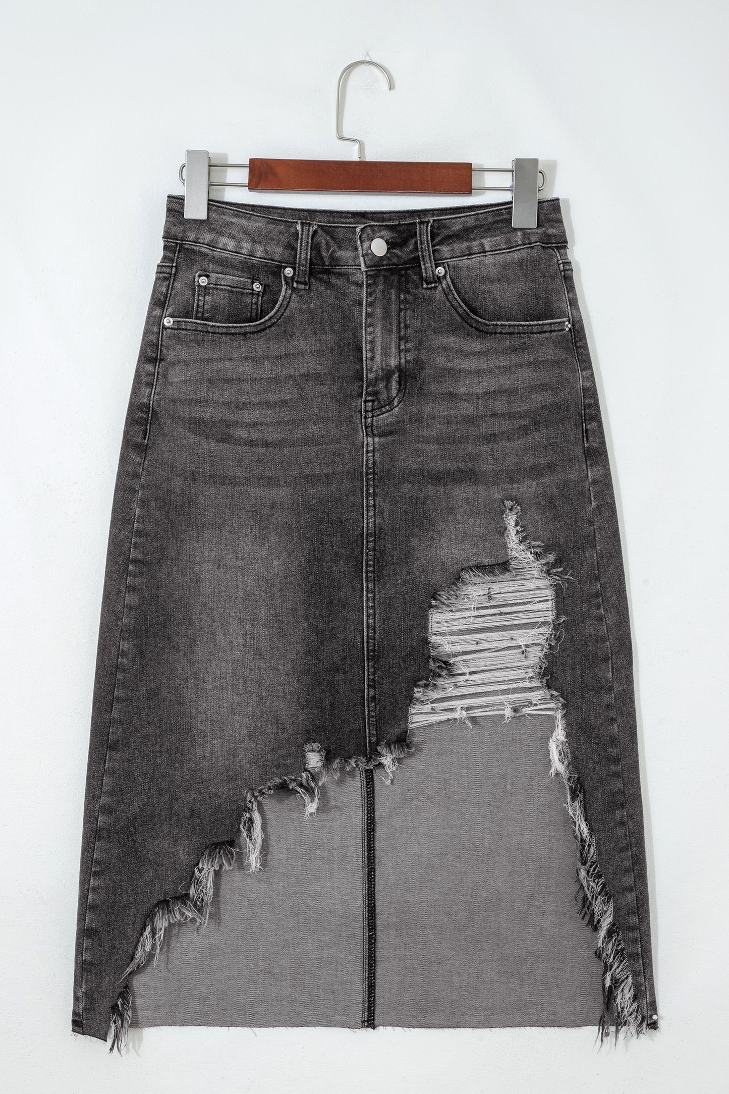 Myosotis Irregular Distressed Hem Denim Midi Skirt