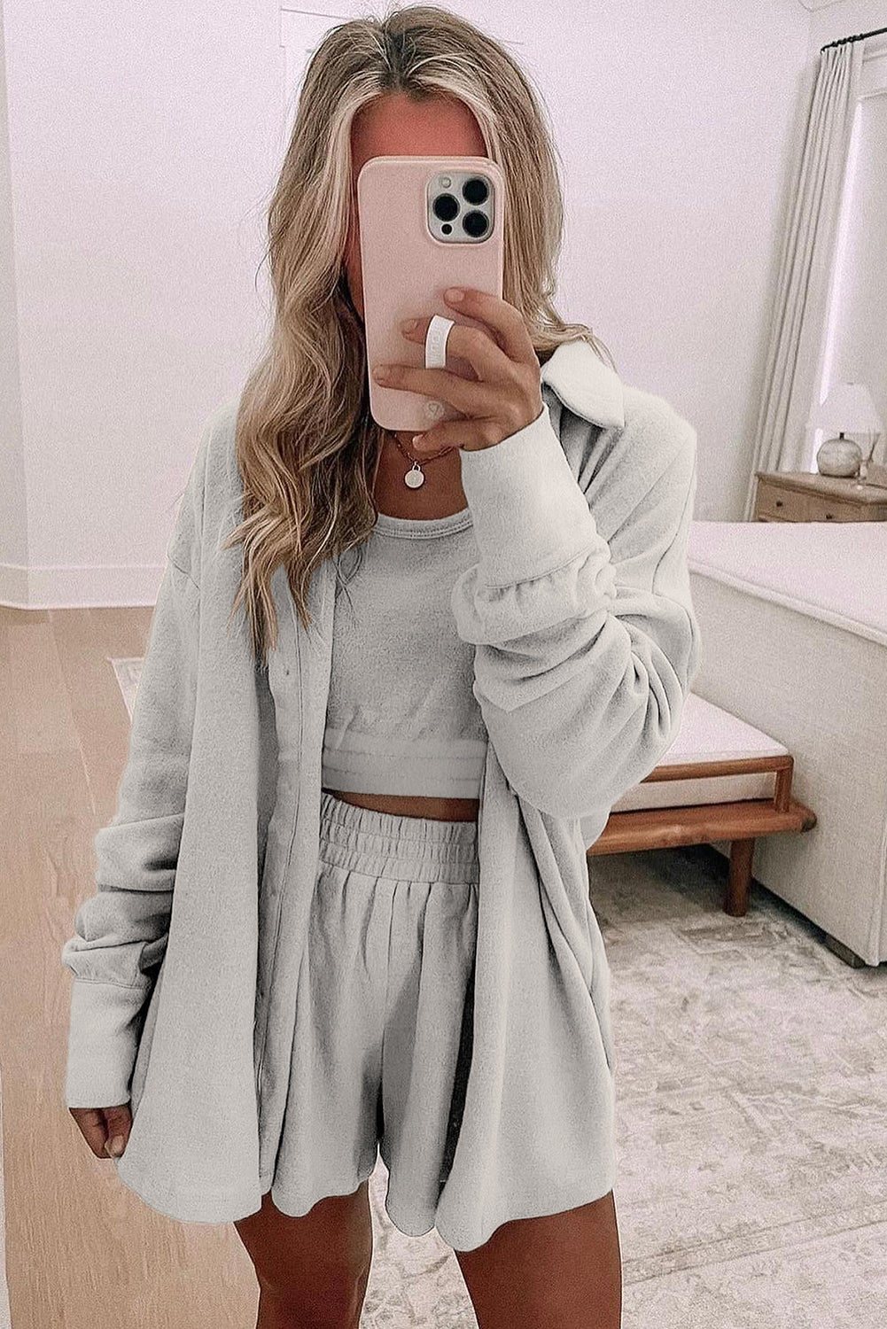 Light Pink Shirred Hem Crop Tank Top Loose Shorts Cardigan 3 Piece Pajama Set