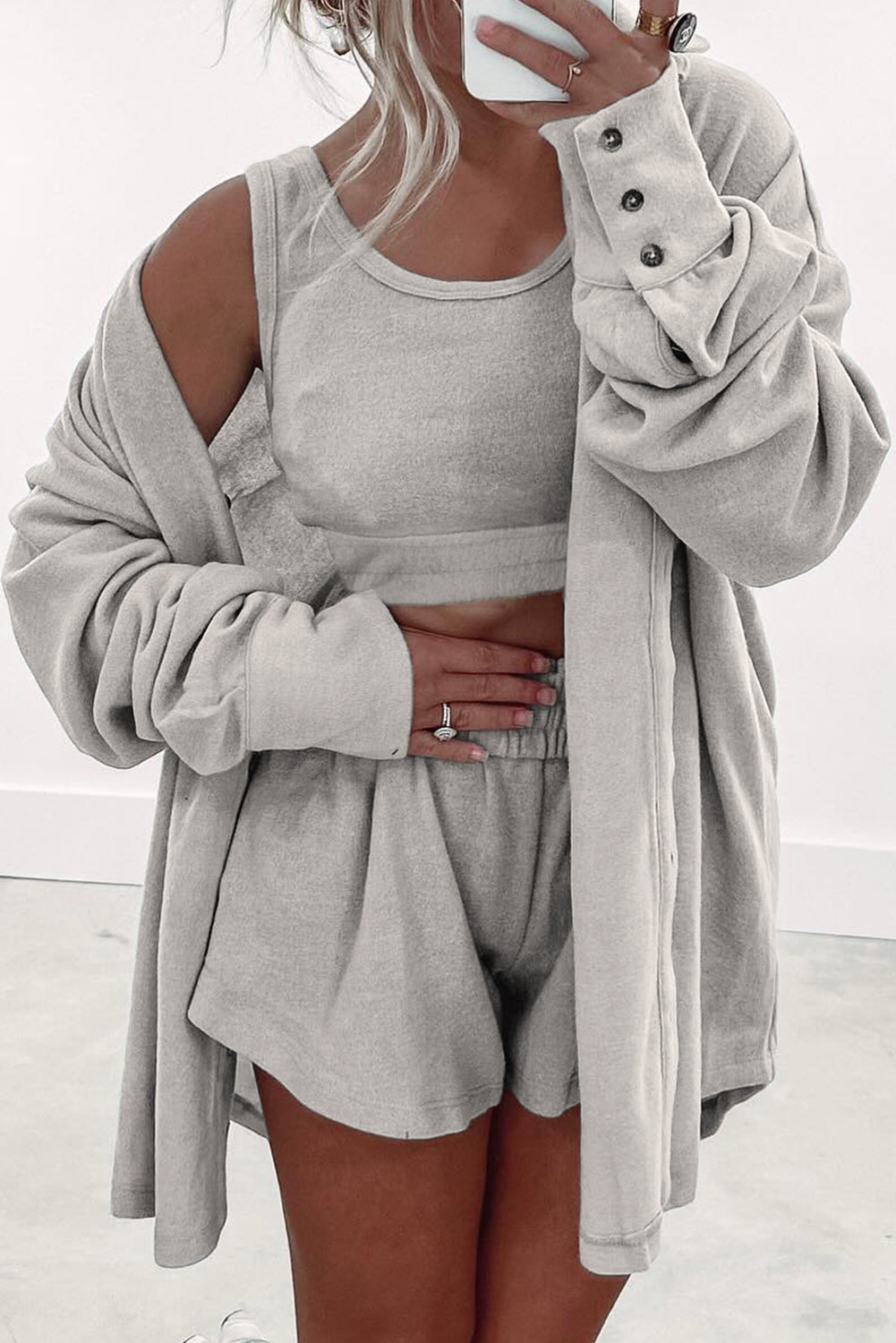 Light Pink Shirred Hem Crop Tank Top Loose Shorts Cardigan 3 Piece Pajama Set