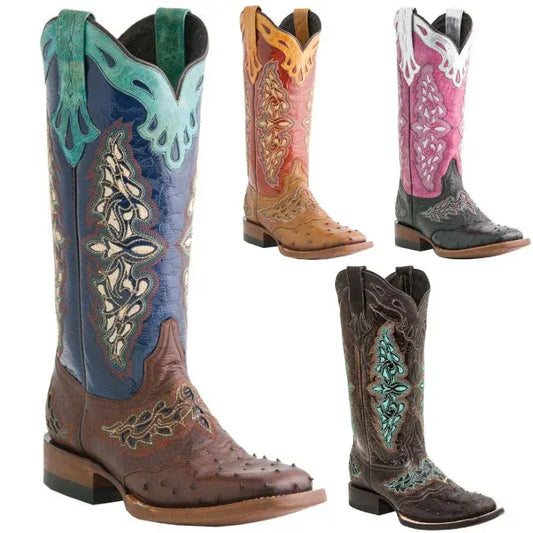 Embroidery Flower Knee-High Cowboy Boots - Colorful Mix