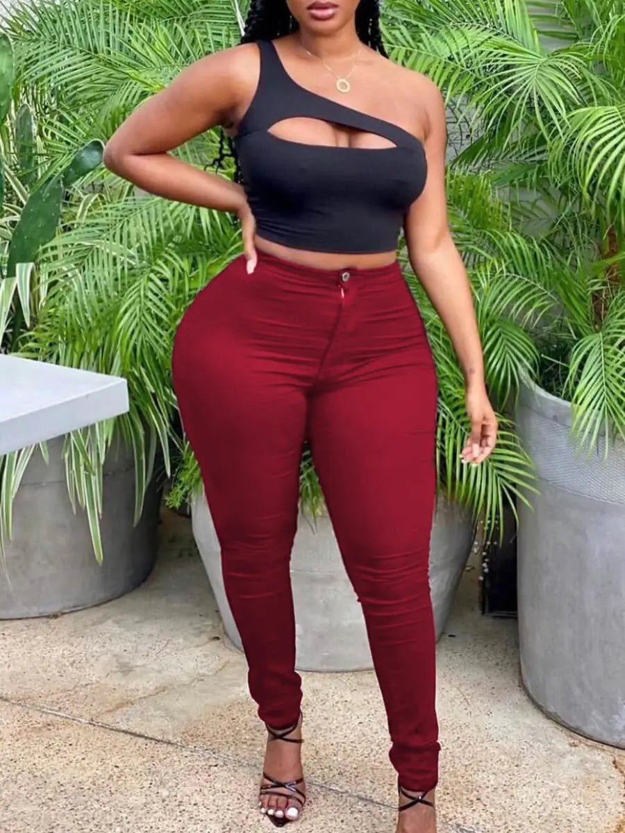 LW Plus Size High-waisted Zipper Design Pants Autumn Wine Red Pencil Pants Fashion High-quality Niche Design Women's Bottoms