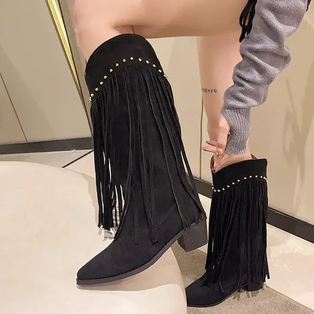 Autumn Winter Women's Pionted Toe Chunky Heel Knee High Boots with Tassels