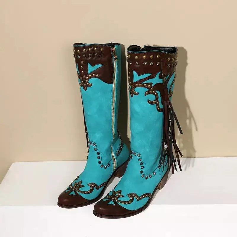 Handmade Chunky Heel Tassel Boots - Blue Cowboy Style