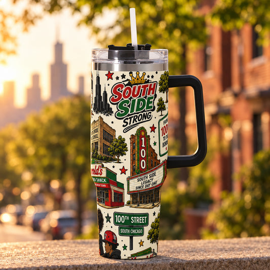 100th Street South Chicago 40oz stainless steel tumbler with handle and straw, illustrated South Side Chicago wrap print, on a concrete ledge with a Chicago street at golden hour behind it