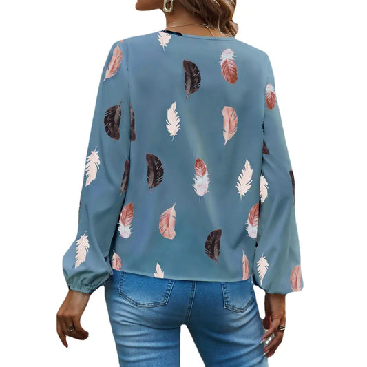 2024 Women's Spring V-Neck T-Shirt with Feather Print